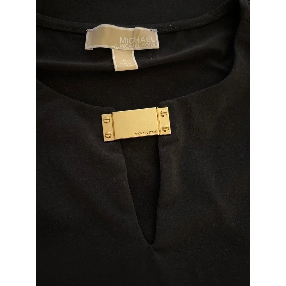 Michael Kors Black Statement Tank Top with Gold Bar Detail | Size Small